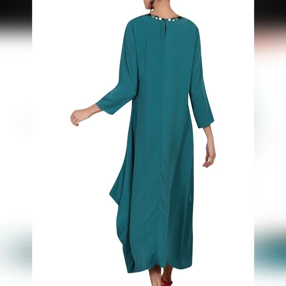 KOOMAL SOOD TEAL MAXI DRESS LONG SLEEVE NECK DETAIL SIZE MEDIUM - Picture 4 of 15